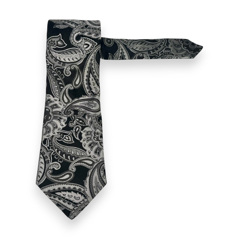 Ike Behar Neiman Marcus Mens Silk Paisley Tie 57.5 x 3.5‎ Black Silver Formal